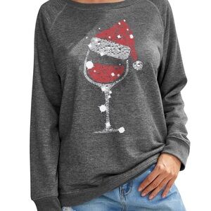 Gray Sweatshirt with Red Santa Hat Wine Glass Design